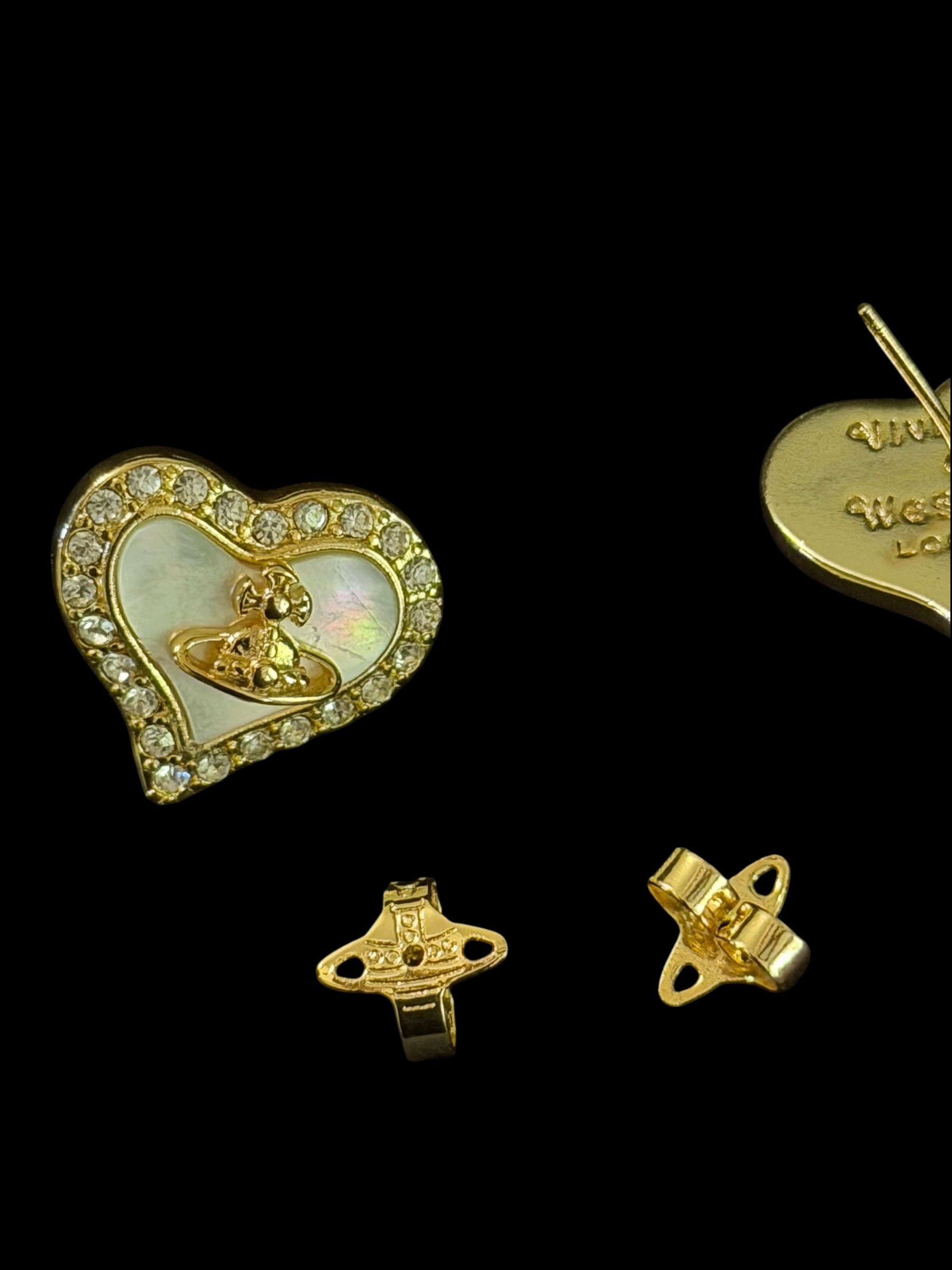 Vivienne Westwood Heart Orb Earrings Gold Crystal Mother of Pearl Y2K 3