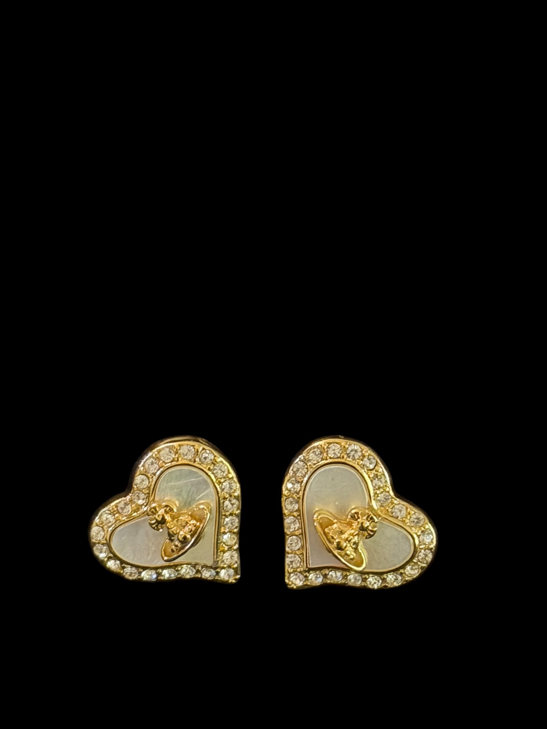Vivienne Westwood Heart Orb Earrings Gold Crystal Mother of Pearl Y2K
