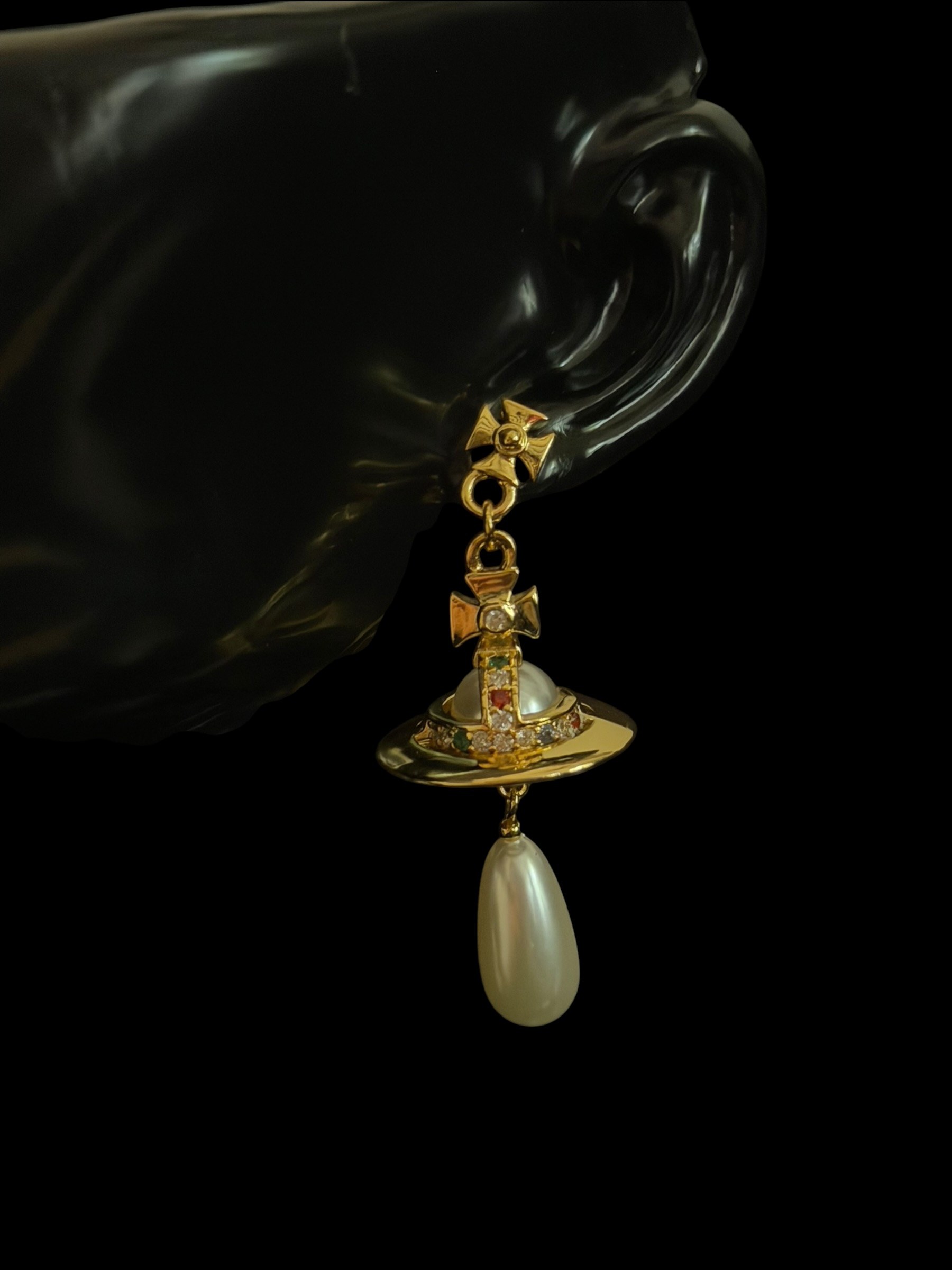 Vivienne Westwood Pearl Orb Drop Earrings Gold Crystal Luxury