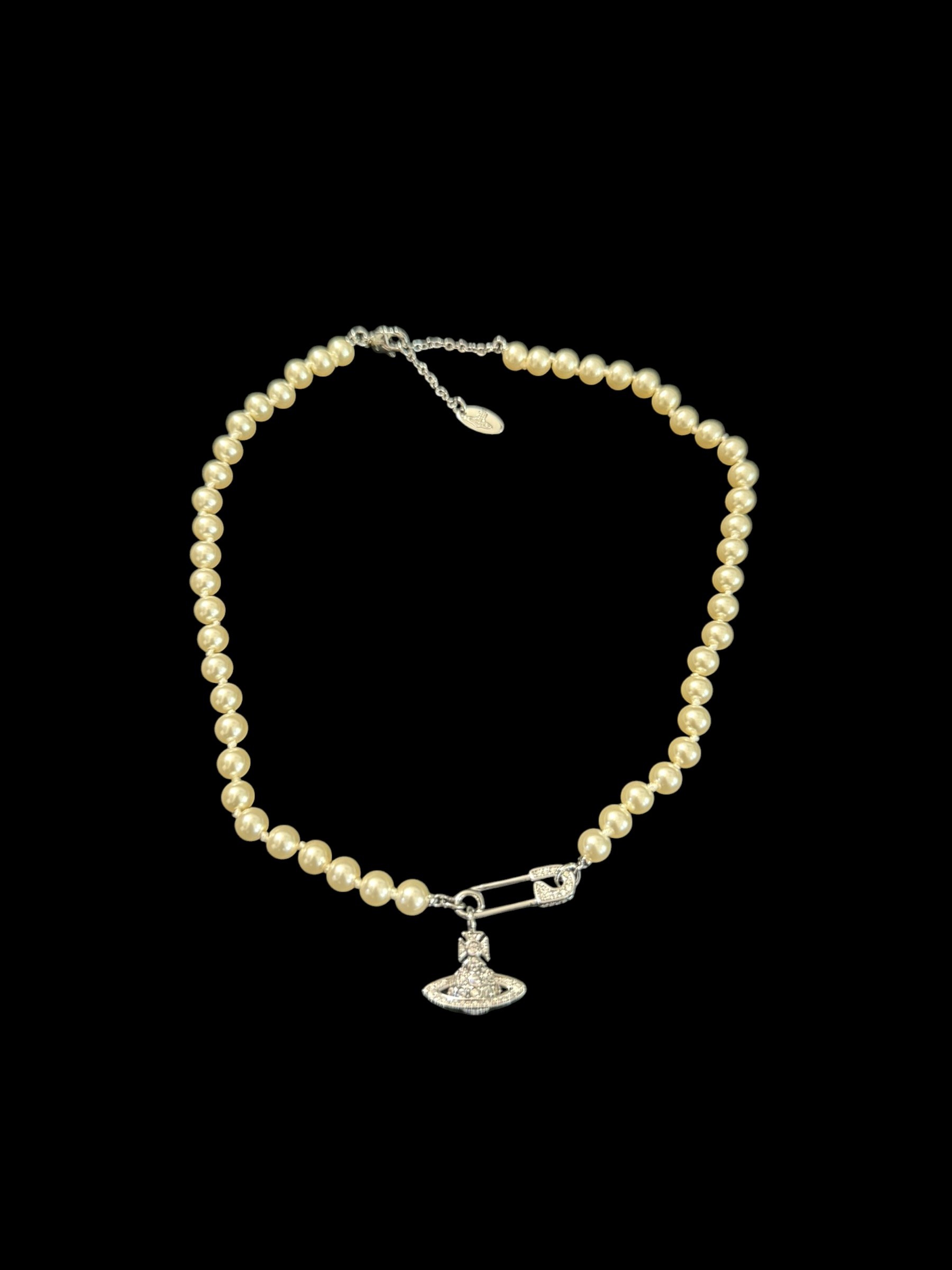 Vivienne Westwood Pearl Orb Safety Pin Necklace Silver Y2K 6