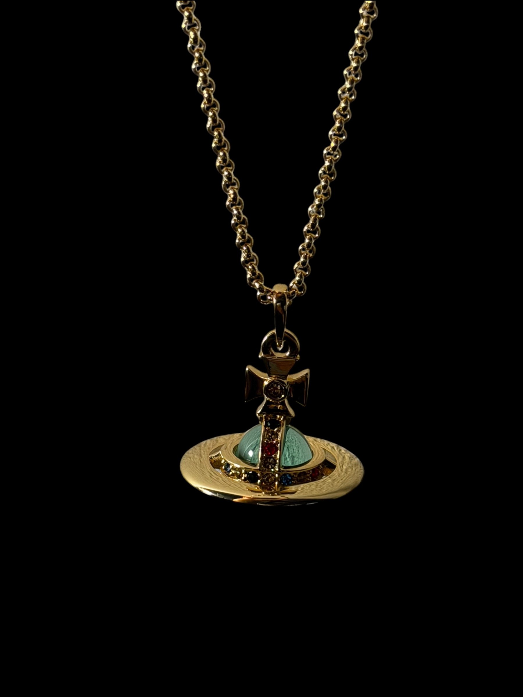 Vivienne Westwood Green Orb Necklace Gold Crystal Pendant Y2K 8