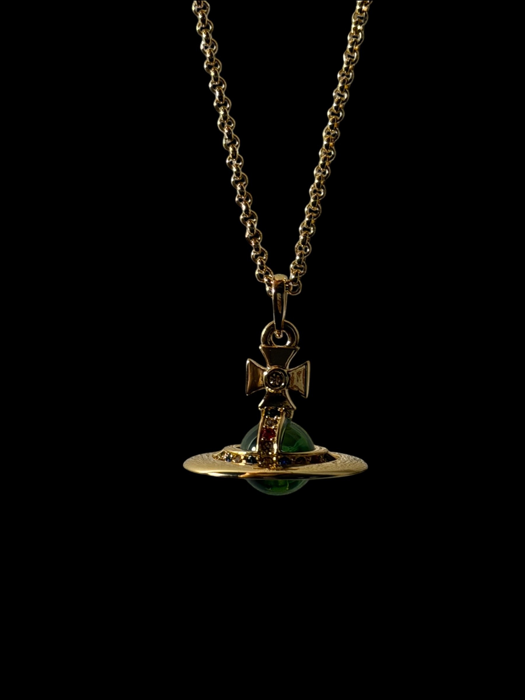 Vivienne Westwood Green Orb Necklace Gold Crystal Pendant Y2K 9