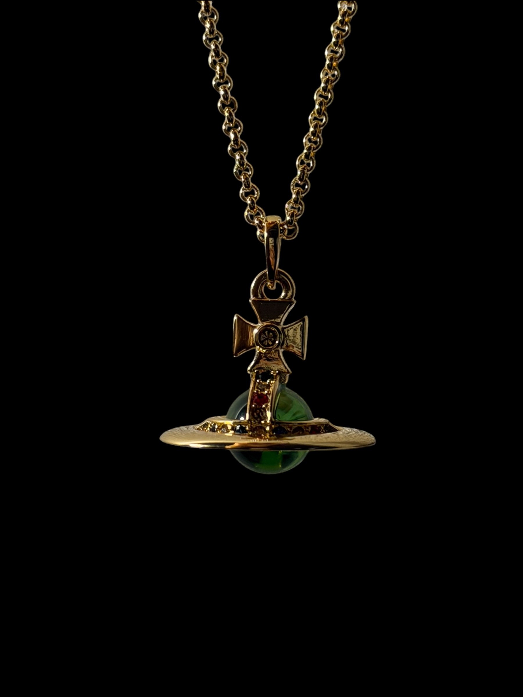 Vivienne Westwood Green Orb Necklace Gold Crystal Pendant Y2K 5