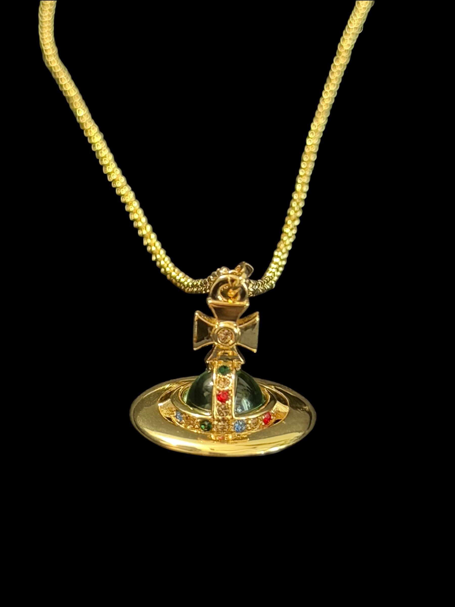 Vivienne Westwood Green Orb Necklace Gold Crystal Pendant Y2K