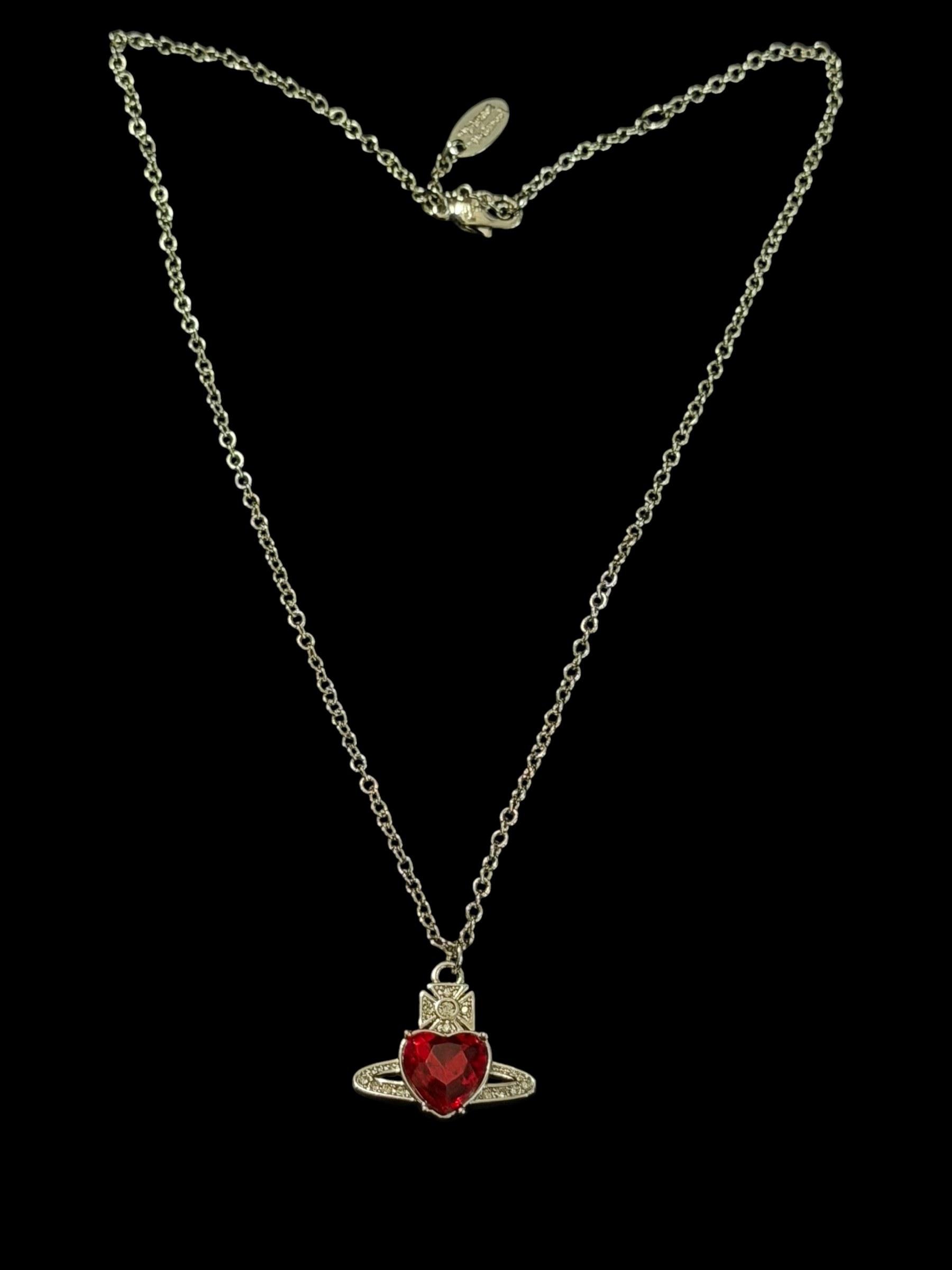 Vivienne Westwood Red Heart Orb Necklace Silver Crystal Y2K