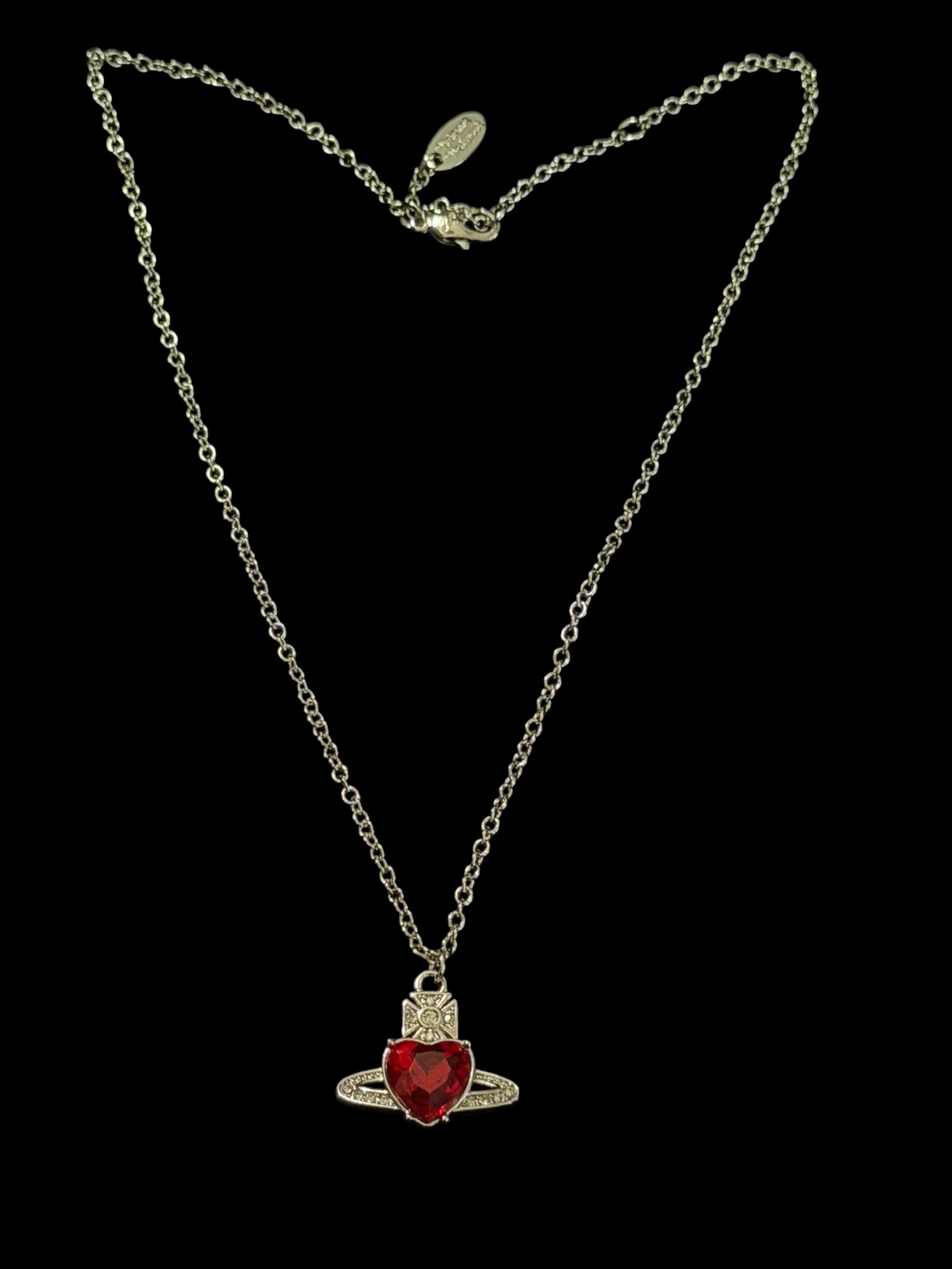 Vivienne Westwood Red Heart Orb Necklace Silver Crystal Y2K 2