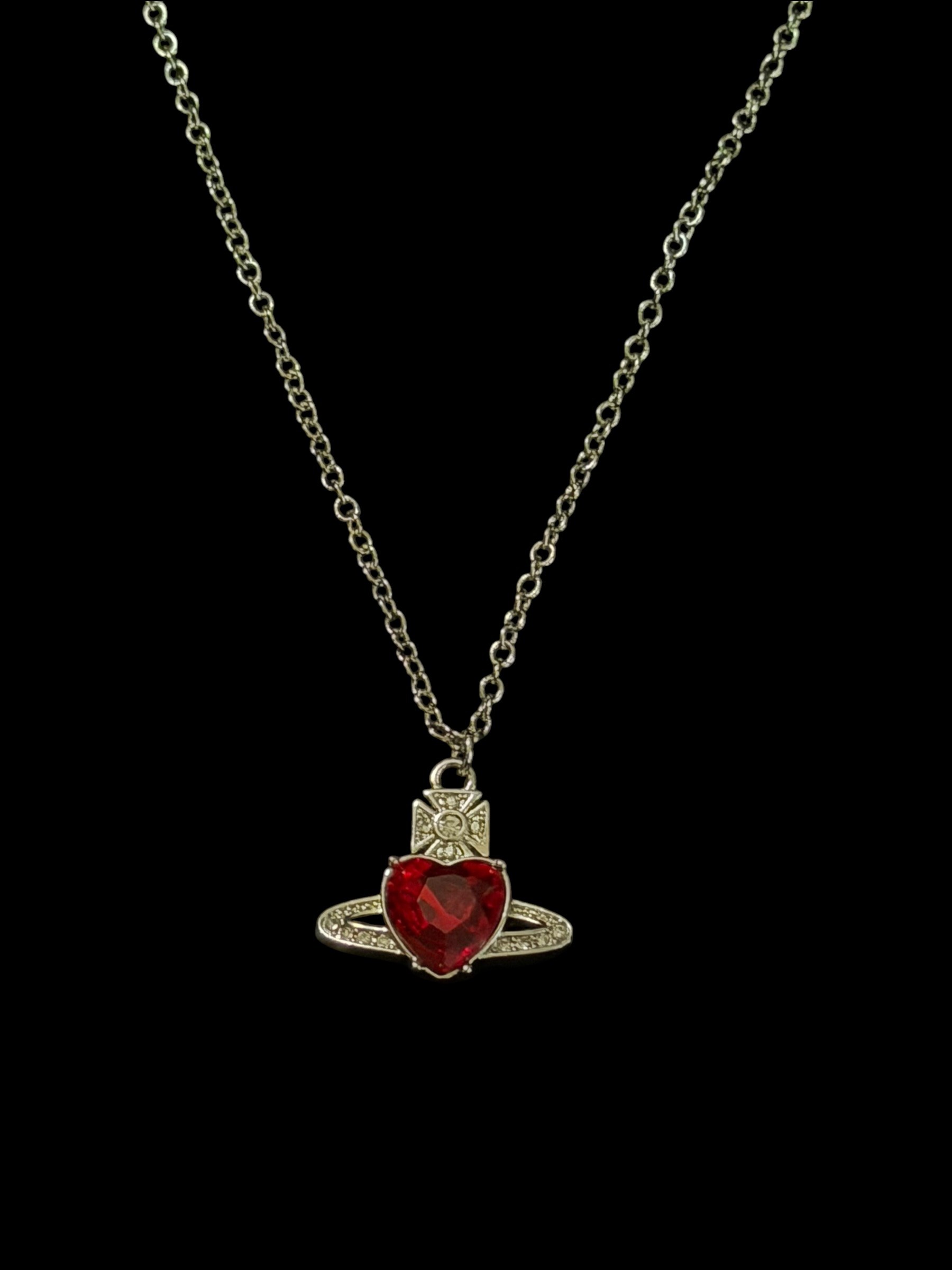 Vivienne Westwood Red Heart Orb Necklace Silver Crystal Y2K 3