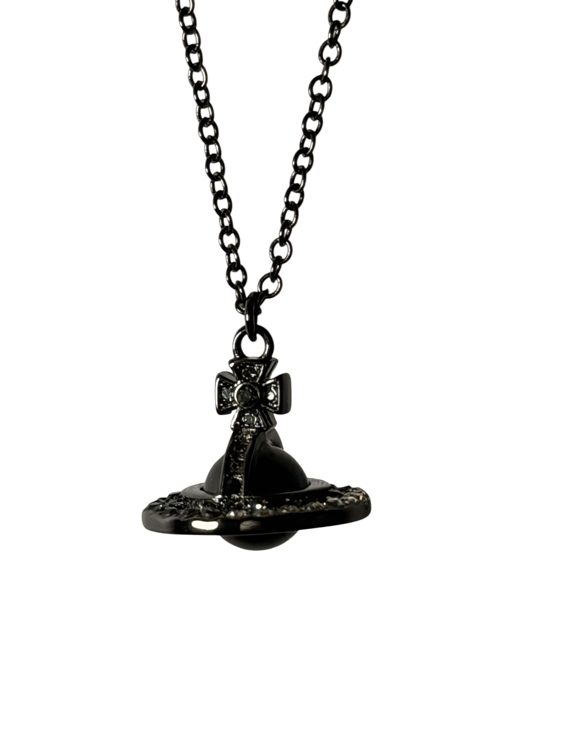 Vivienne Westwood Black Orb Necklace Gunmetal Crystal Pendant Y2K 8