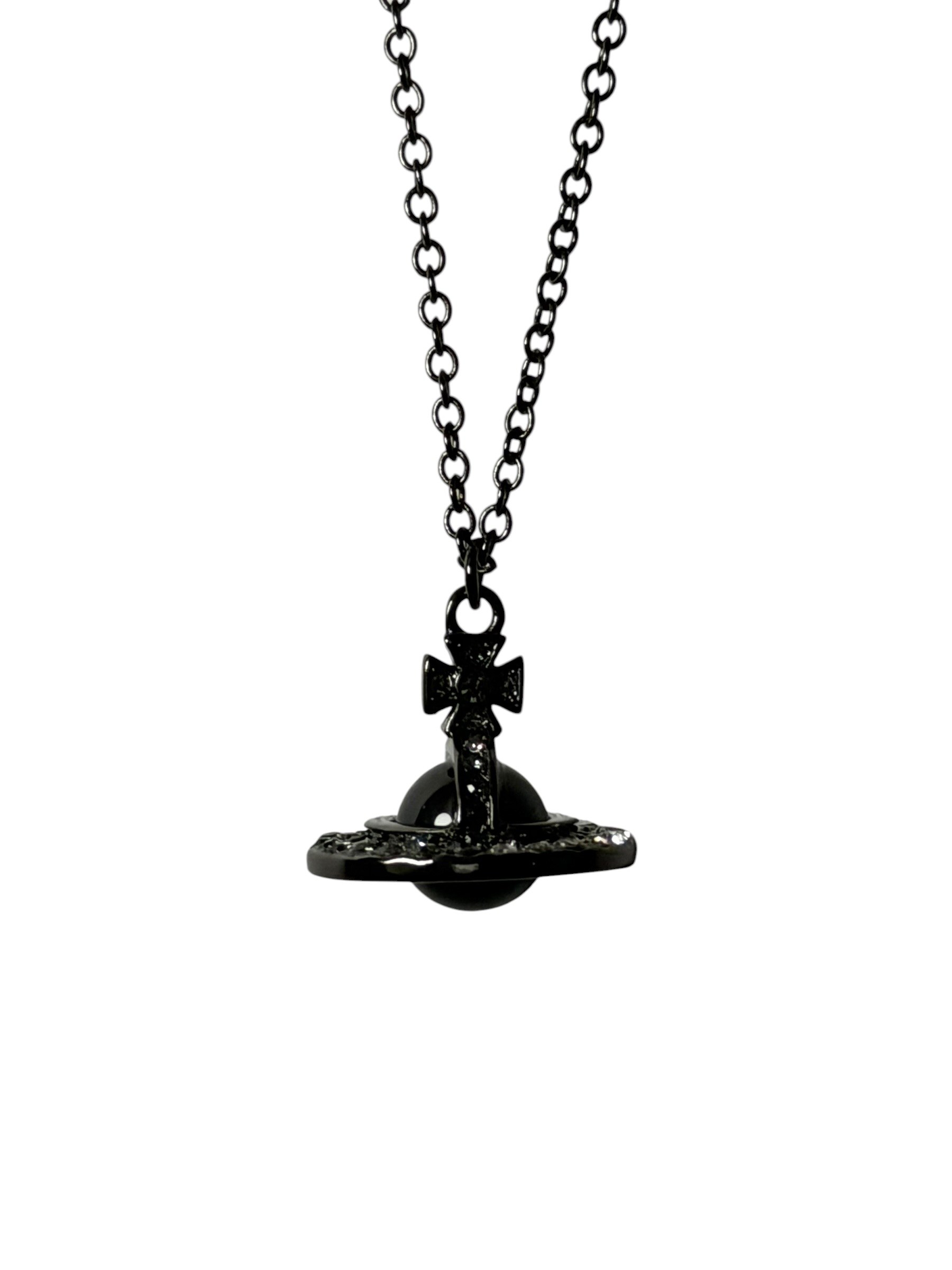 Vivienne Westwood Black Orb Necklace Gunmetal Crystal Pendant Y2K