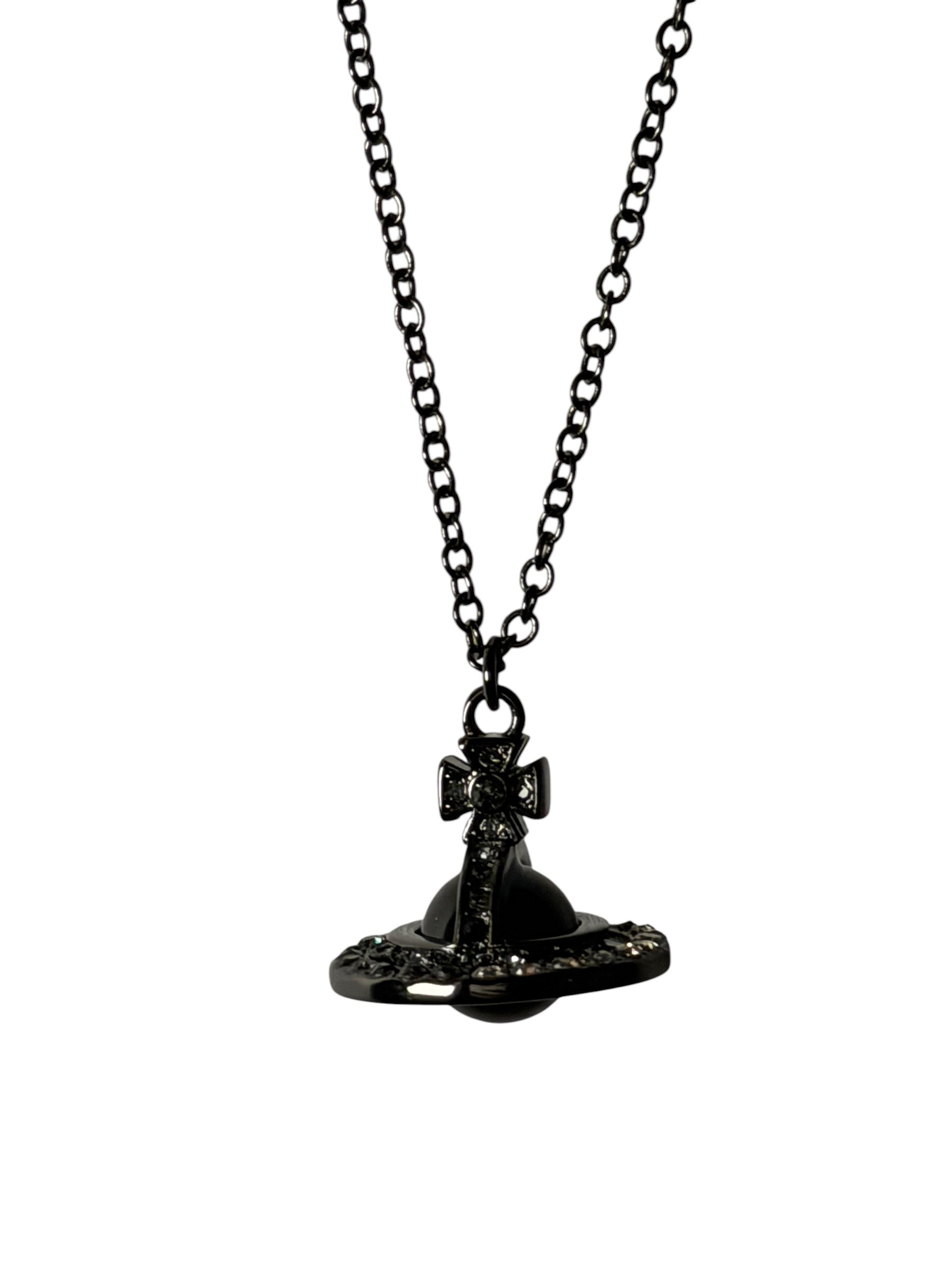 Vivienne Westwood Black Orb Necklace Gunmetal Crystal Pendant Y2K 2